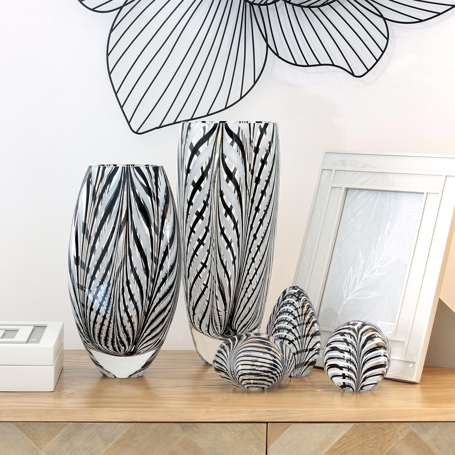 Glass Vase Black and White Feather Pattern Hand Blown Murano-Style Art Glass