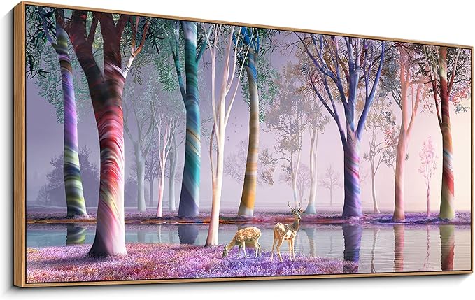Canvas Wall Art - Fantasy Wooded Wild Lakes Red Pink Room Decor Rainbow Artwork Framed Picture for Living Room Bedroom Paintings Decoration