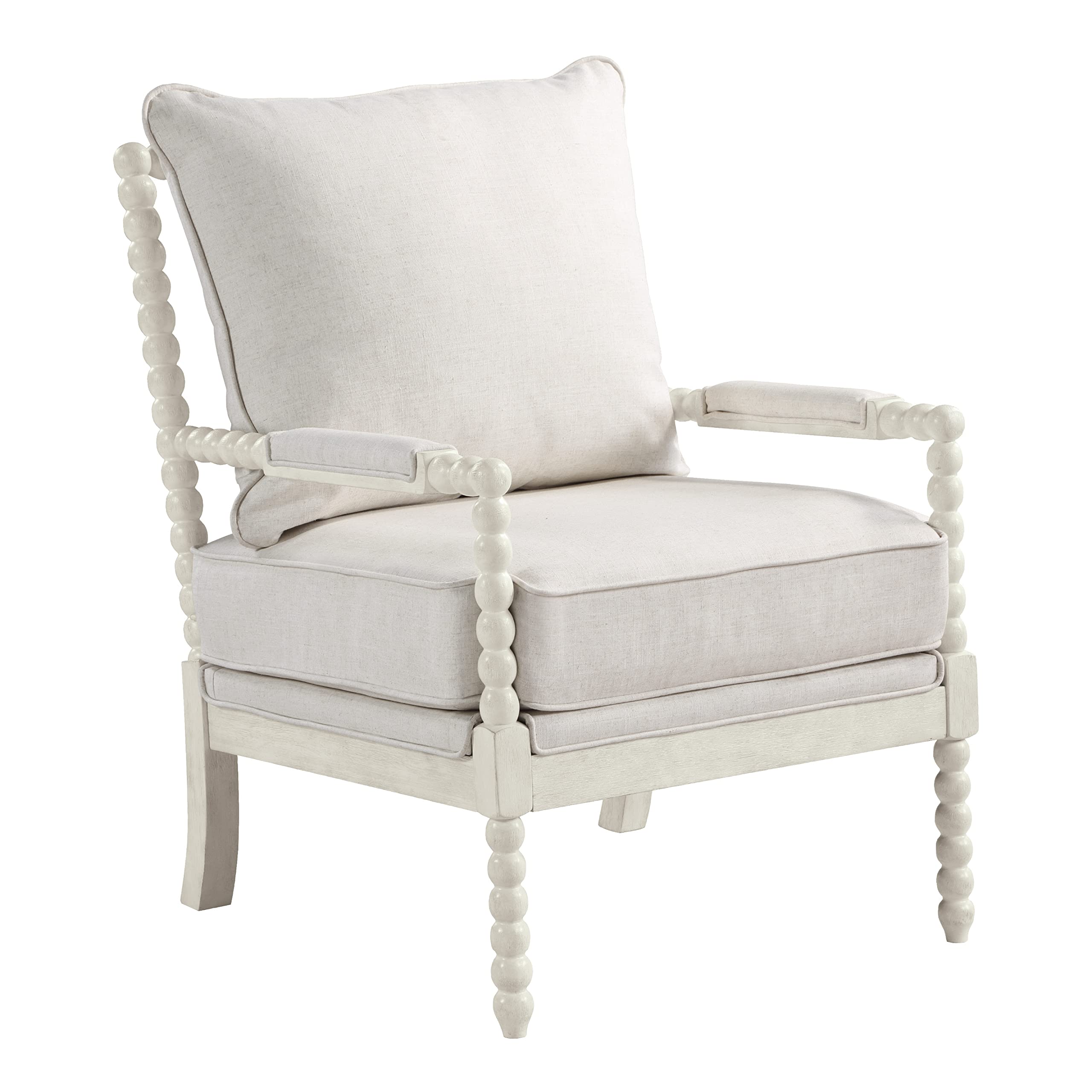Kaylee Spindle Accent Chair with Antique White Wood Frame, White Linen Fabric