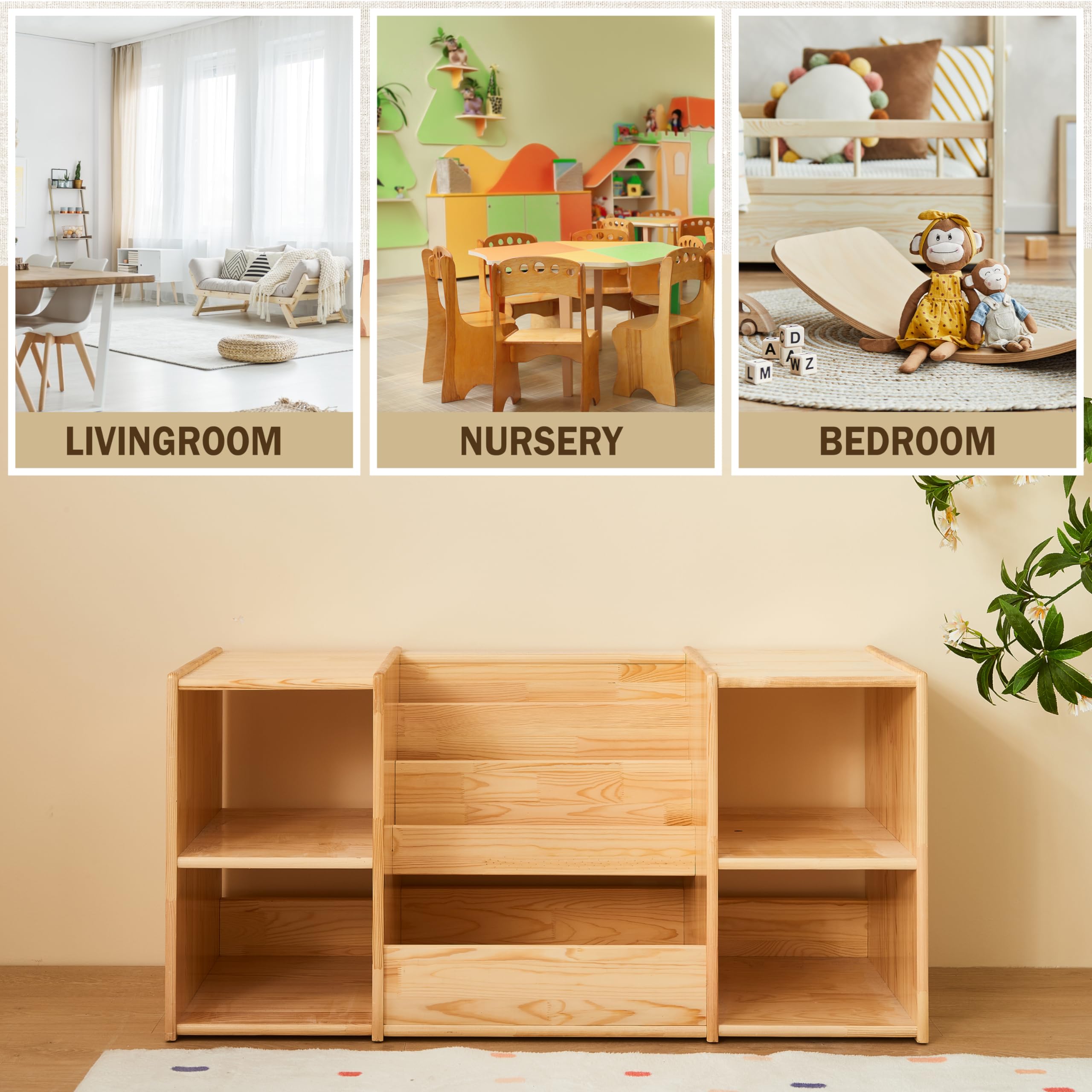 Montessori Bookshelf and Toy Storage | 3-Section Kids Bookshelf for Organizing Books
