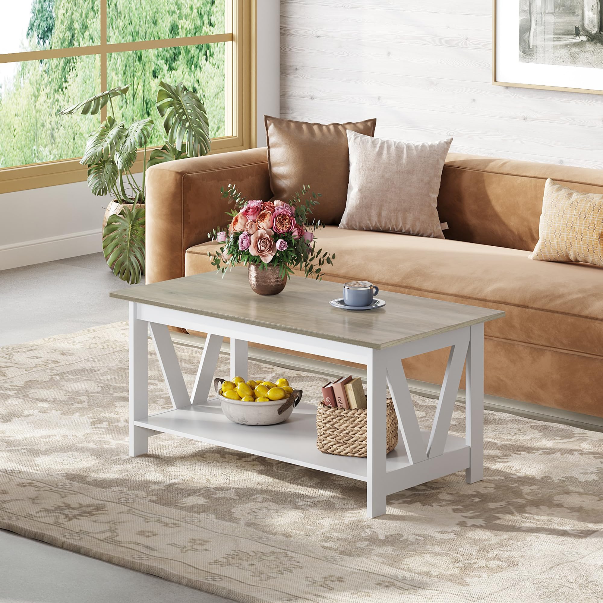 Coffee Table with Storage Shelf, 39.4" Farmhouse Coffee Table,living room