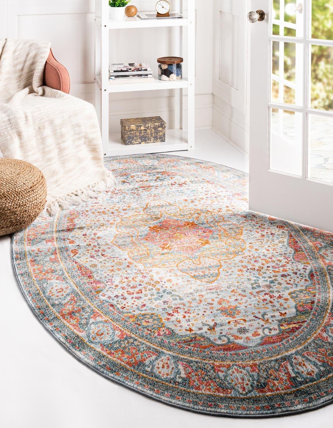 Baracoa Collection Area Rug - Malecon (5' 1" x 8' Oval, Light Blue/ Orange)
