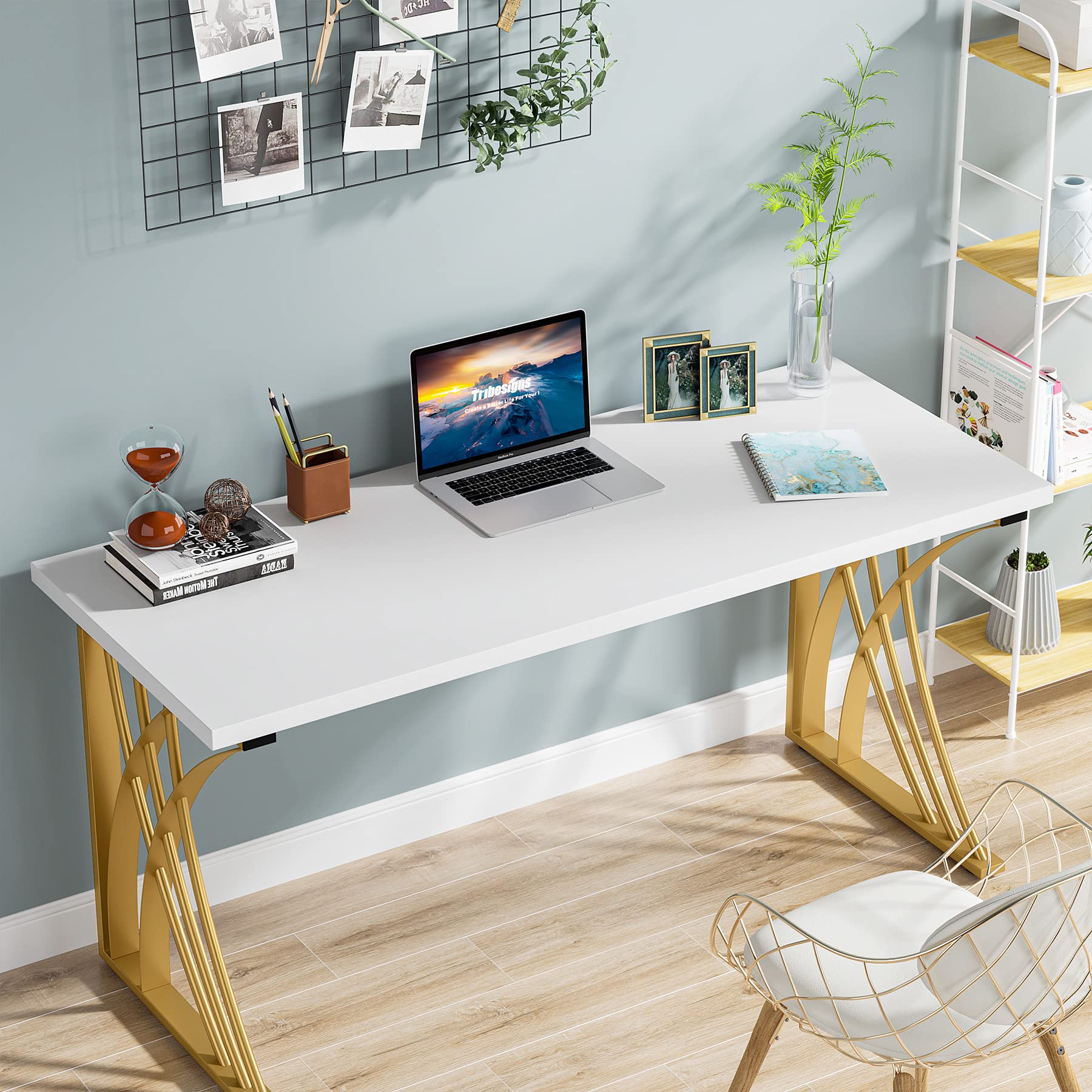 55’’ Large Modern Computer Desk, White & Gold Luxury Laptop PC Student Table