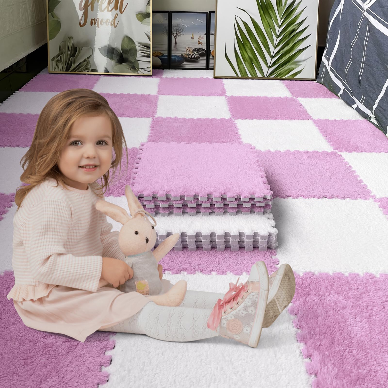 16pcs 0.6" Thickened Interlocking Tile Mats,Fluffy Shaggy Soft EVA Foam Area Rug