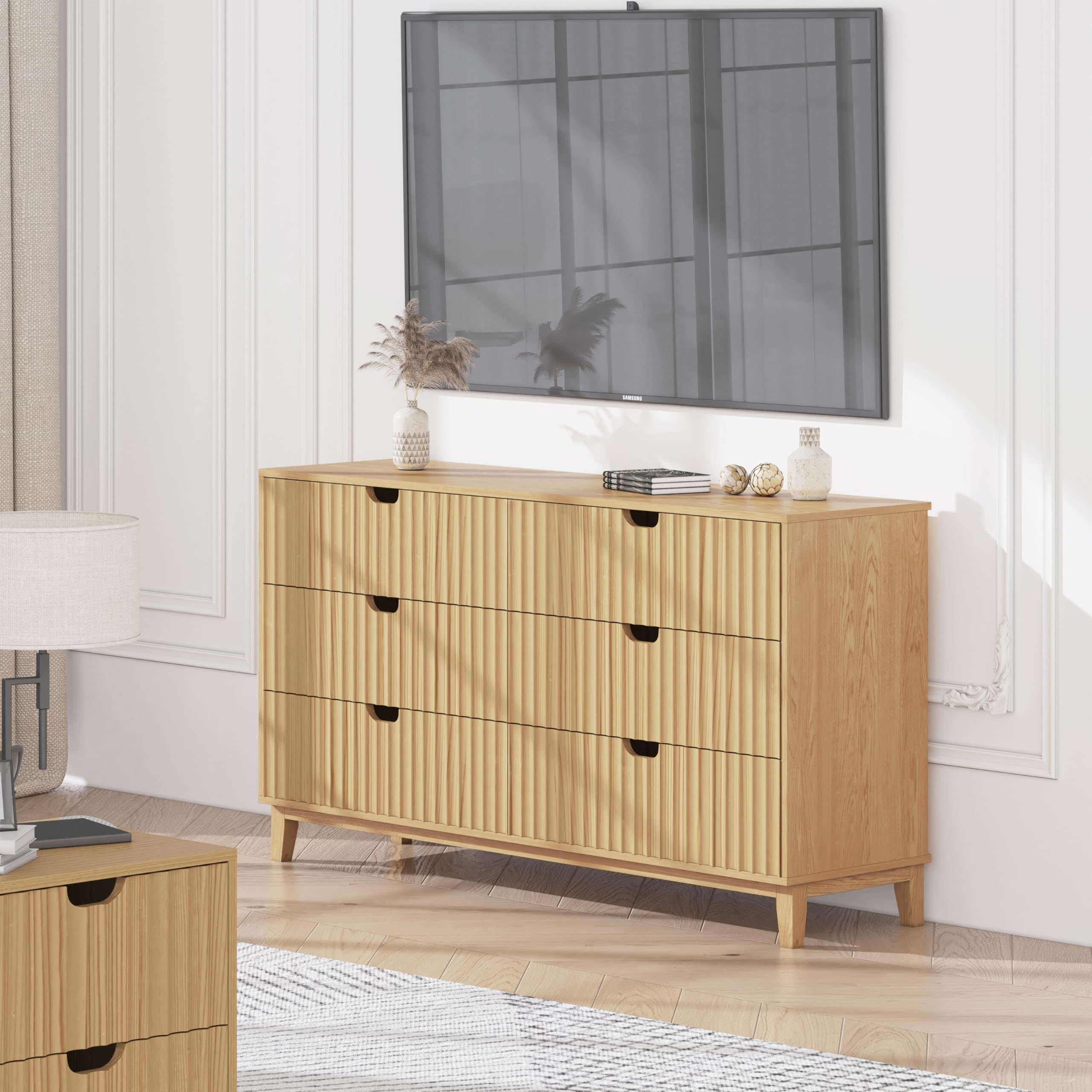 Fluted Dresser for Bedroom 6 Drawer, 58" Wide Large Wood Dresser, Chest of Drawers