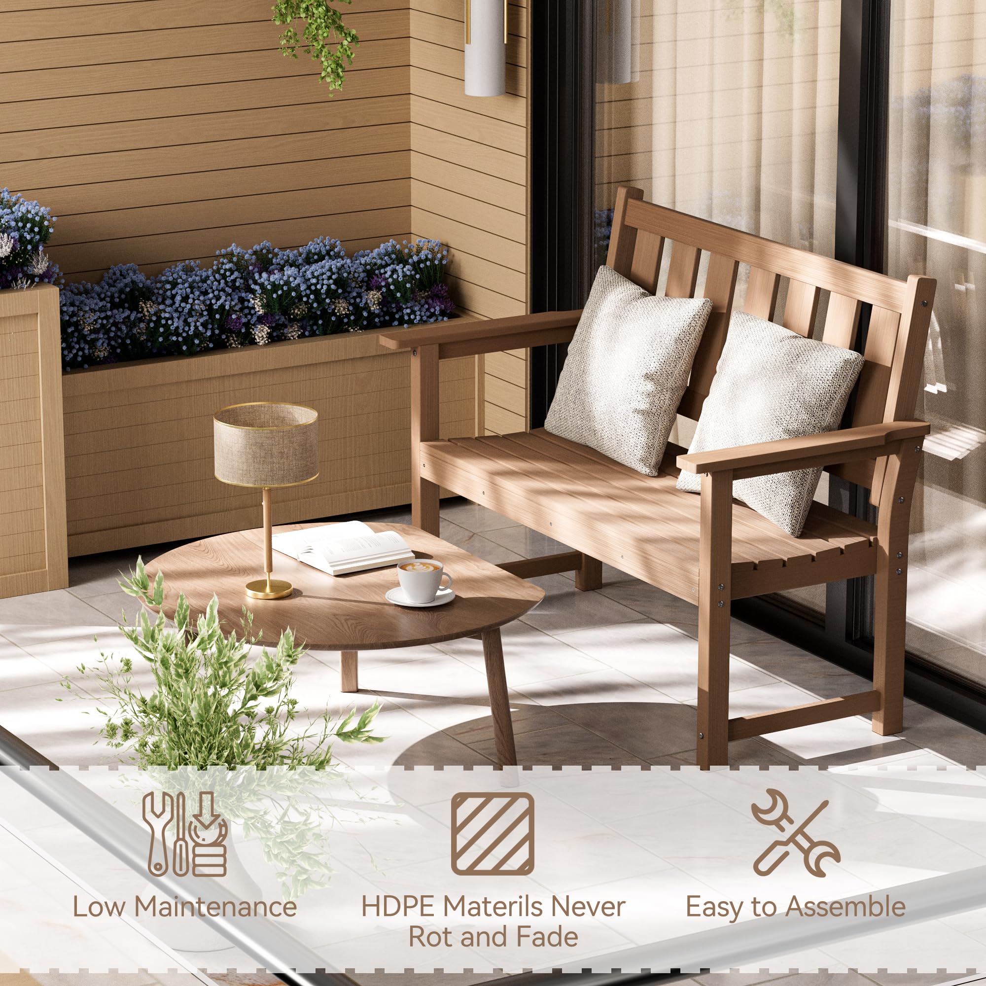 HDPE Memorial Bench – 50'' Weatherproof Durable Outdoor Bench, 2-Person Park Bench