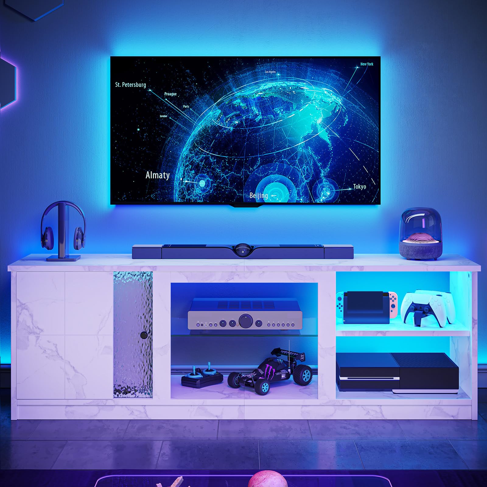 Pinmoco 63-Inch LED TV Stand for 70/55/65 Inch TV, White Gaming Entertainment Center with Cabinet, Modern Media TV Console with Adjustable Glass Shelves for Living Room, Bedroom, PS5, Xbox