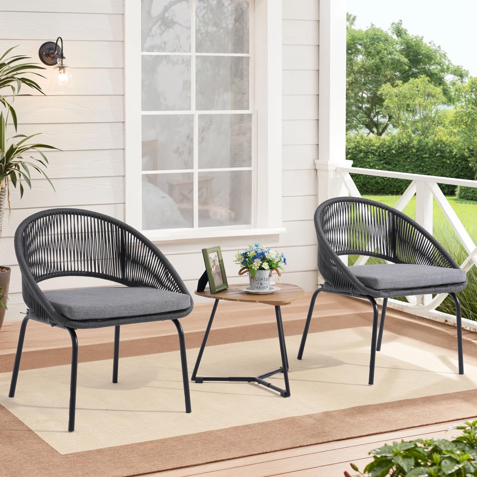 Patio Furniture Set, 3 Piece Outdoor Bistro Chair Conversation Sets Woven Rope
