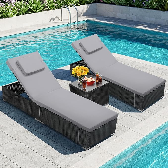 3 Piece Set, Includes 2 Wicker Chaise Lounge Chairs for Outdoors with Matching Side Table