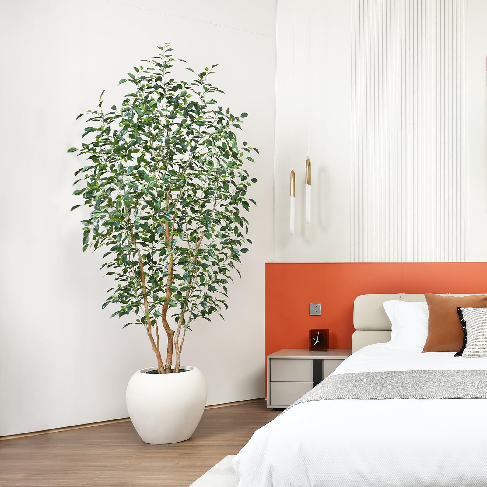 8FT Artificial Ficus Tree, Indoor Faux Ficus Plant with Realistic Leaves & Natural Wood Trunk