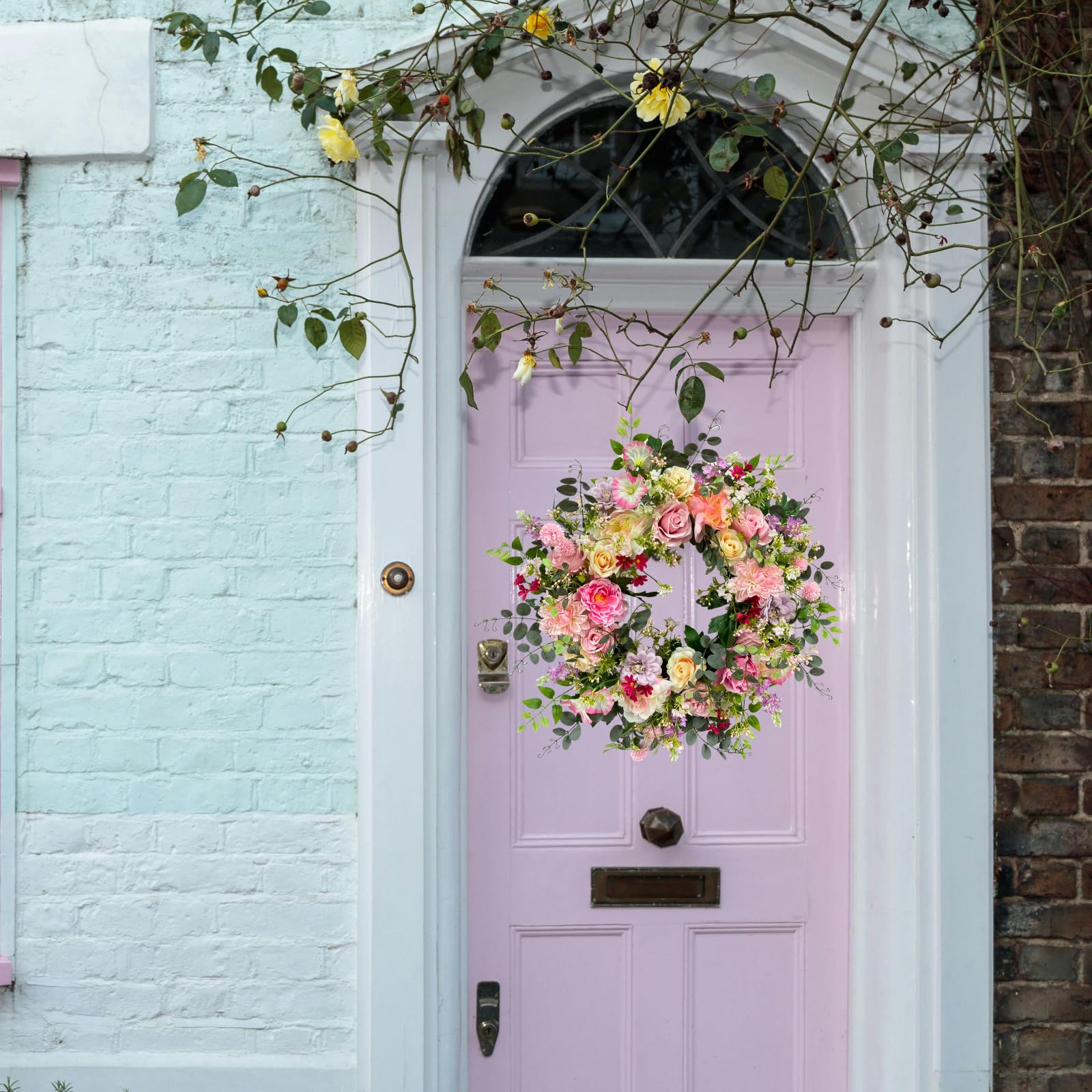 24 Inch Spring Summer Wreath for Front Door Outside Artificial Peonies Rose Flowers