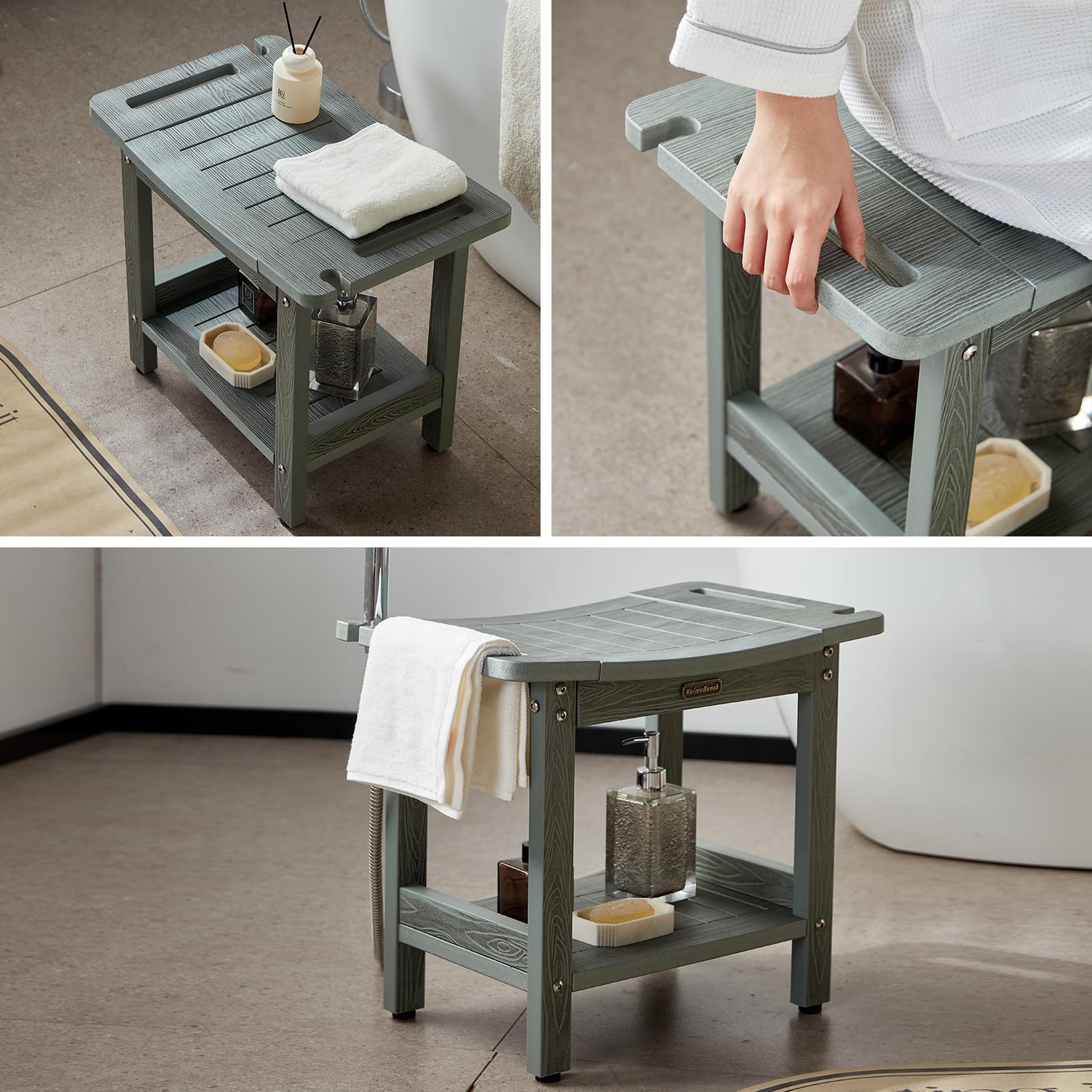 HDPS Shower Bench for Inside Shower, Gray Waterproof Shower Stool for Shaving Legs, Poly Lumber Shower Chair Seat with Handles & Shower Head Holder, Bathroom Shower Foot Rest Stool with Storage Shelf