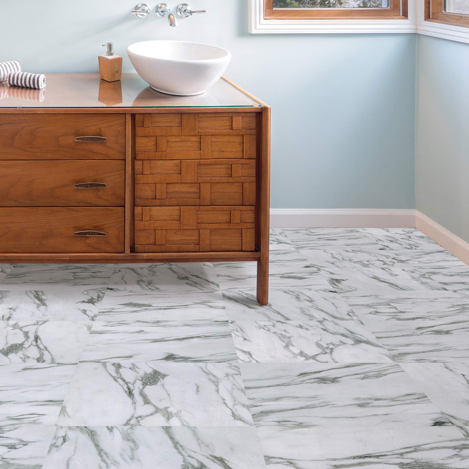 FloorPops FP3329 Opaline Peel Stick Floor Tiles, White & Off-White