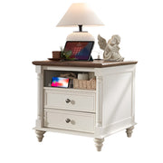 24'' Farmhouse End Table w/4 Solid Wood Feet, Large 2 Drawers Wide Sofa Side Table