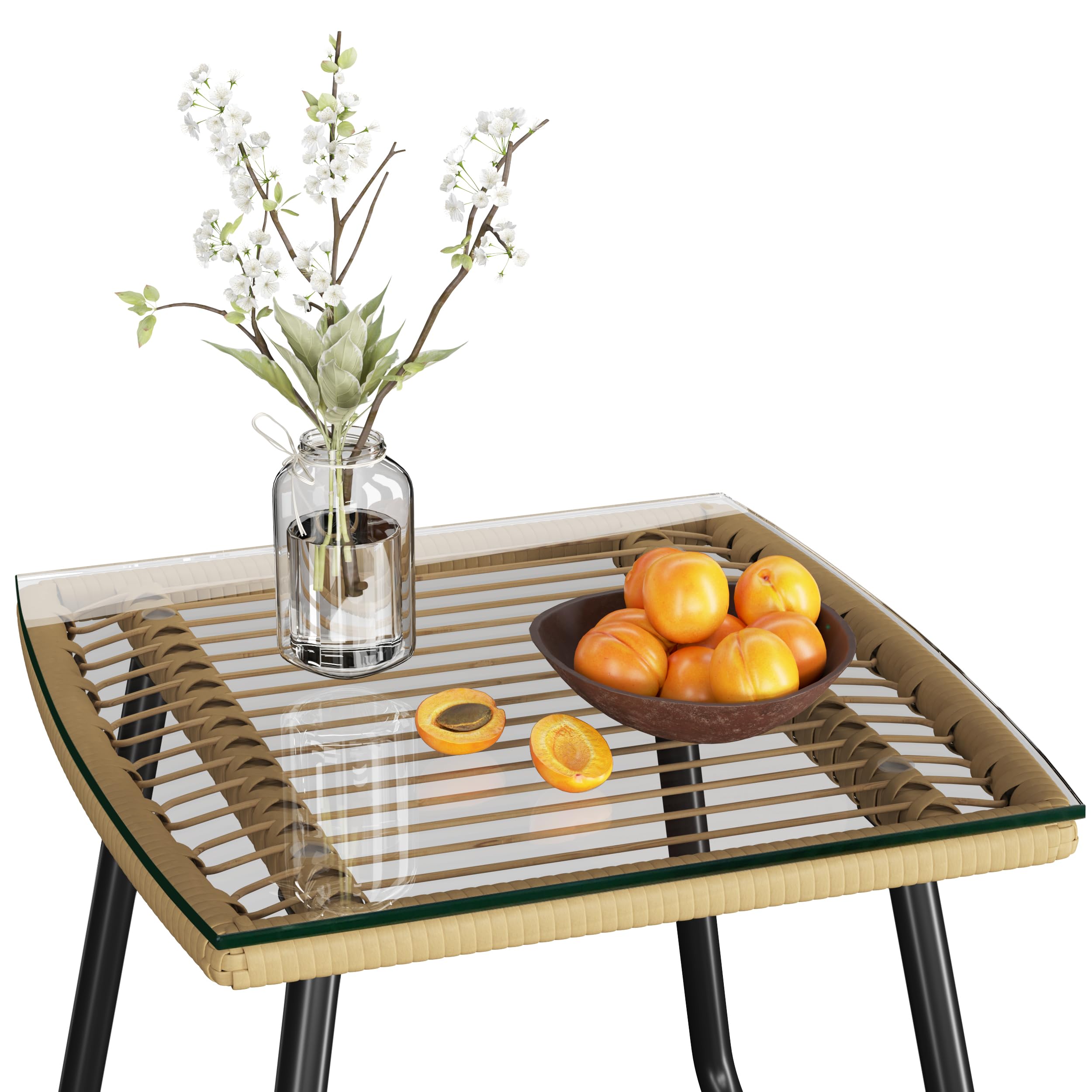 3 Piece Patio Bistro Set Outdoor Wicker Bistro Furniture Sets, 2 Rattan Chairs and Glass