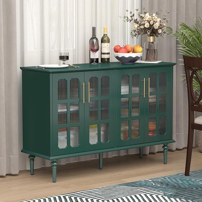Vintage Buffet Cabinet with 4 Lattice Glass Door, Wooden Accent Cabinet