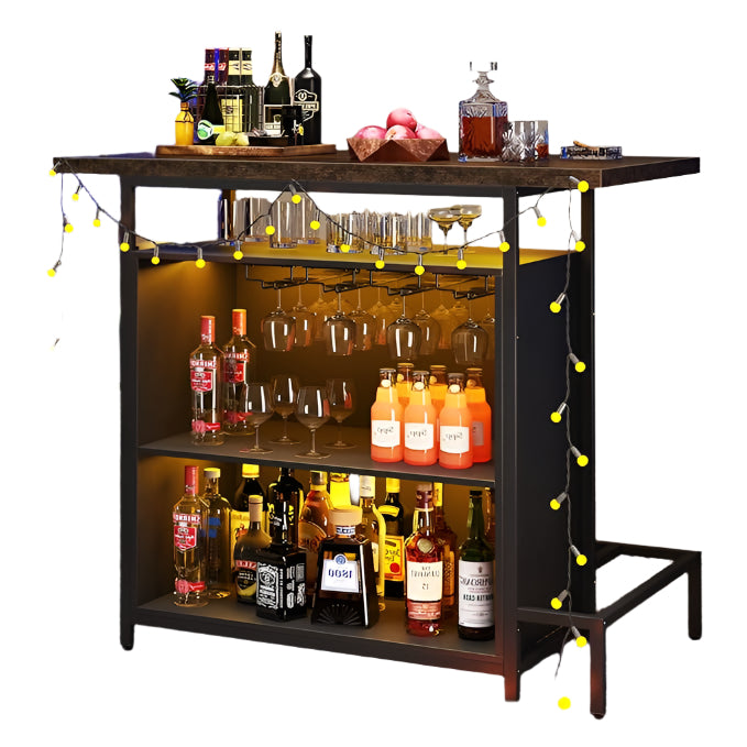 Home Bar Unit, Industrial 3-Tier Liquor Bar Table with Glasses Holder and Wine Storage,