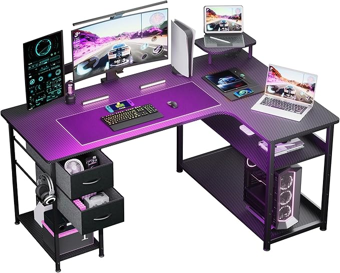 L Shaped Gaming Desk, Carbon Fiber Style Computer Desk with Monitor Shelf and Hook