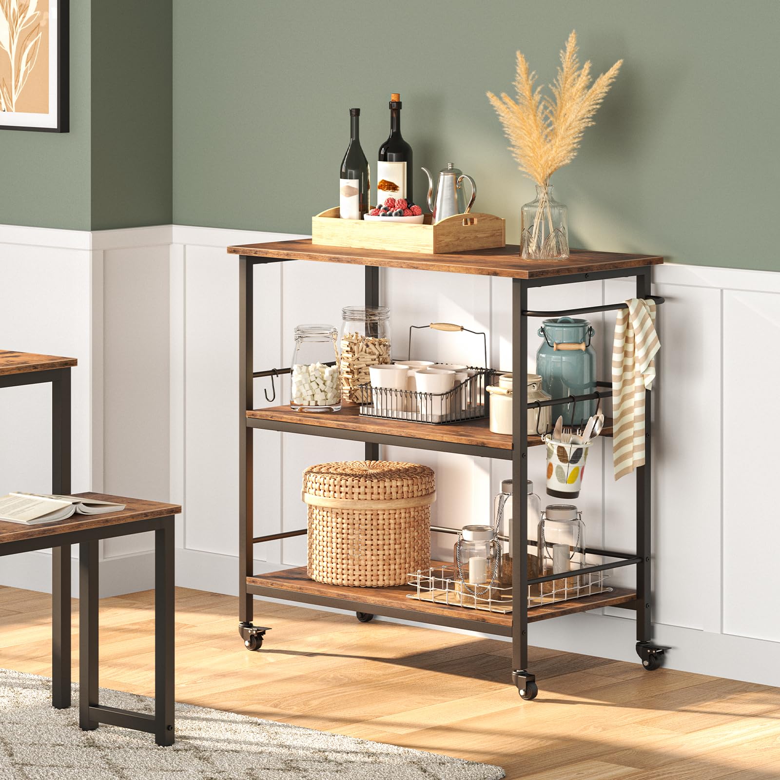 HOOBRO Kitchen Island with Storage,Industrial Kitchen Counter with Hooks and Side Enclosures, 3 Tier Kitchen Cart with Large Workstation, Saving Space, Easy Assembly, Rustic Brown and Black BF03ZD01
