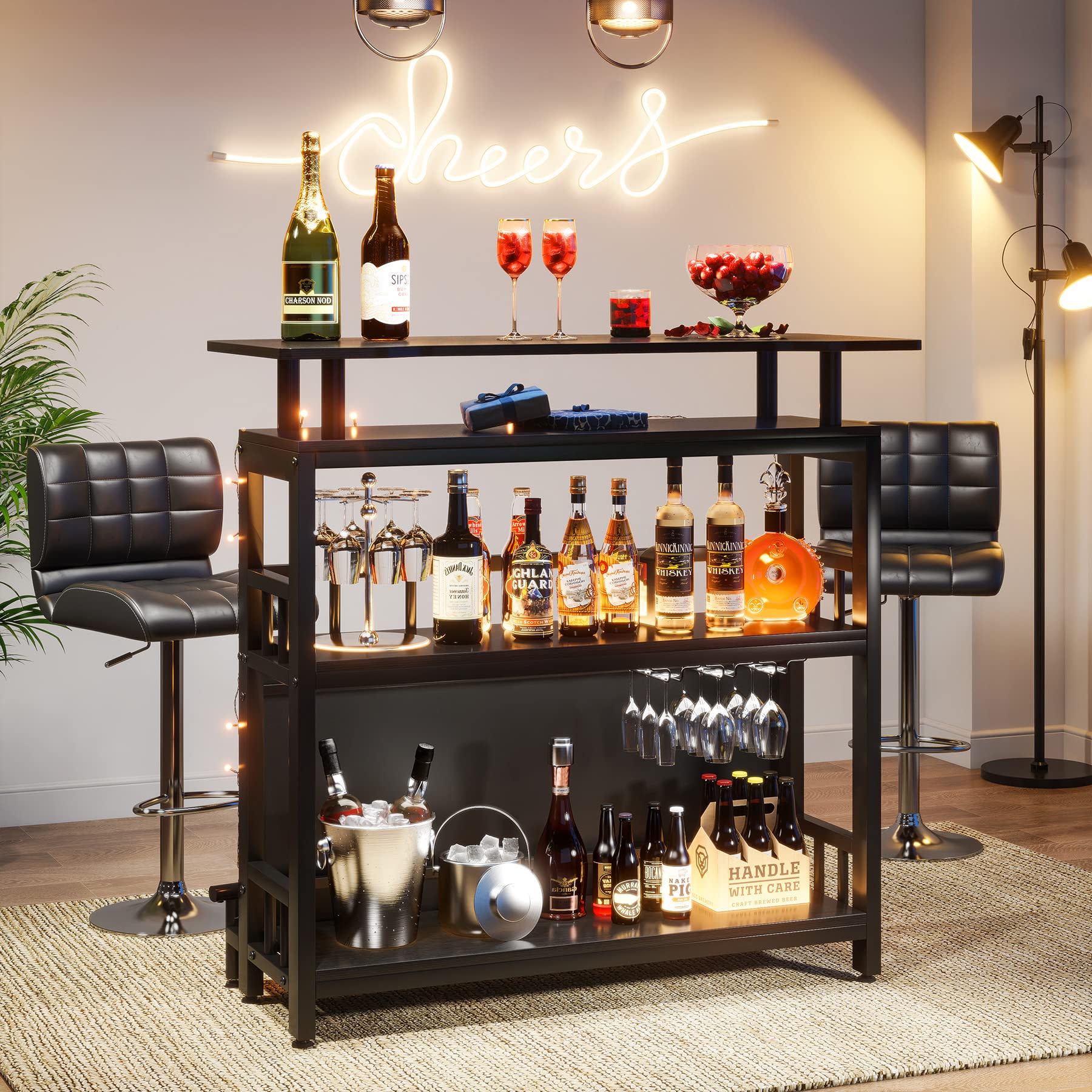 Home Bar Unit for Liquor, 44-Inch Bar Height Table with Storage, Black