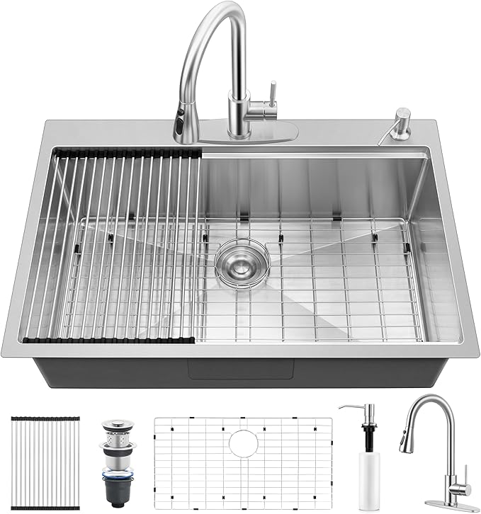 33x22 Inch Drop In Kitchen Sink with Faucet Combo 18/10 Stainless Steel Brushed
