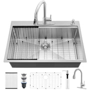 33x22 Inch Drop In Kitchen Sink with Faucet Combo 18/10 Stainless Steel Brushed