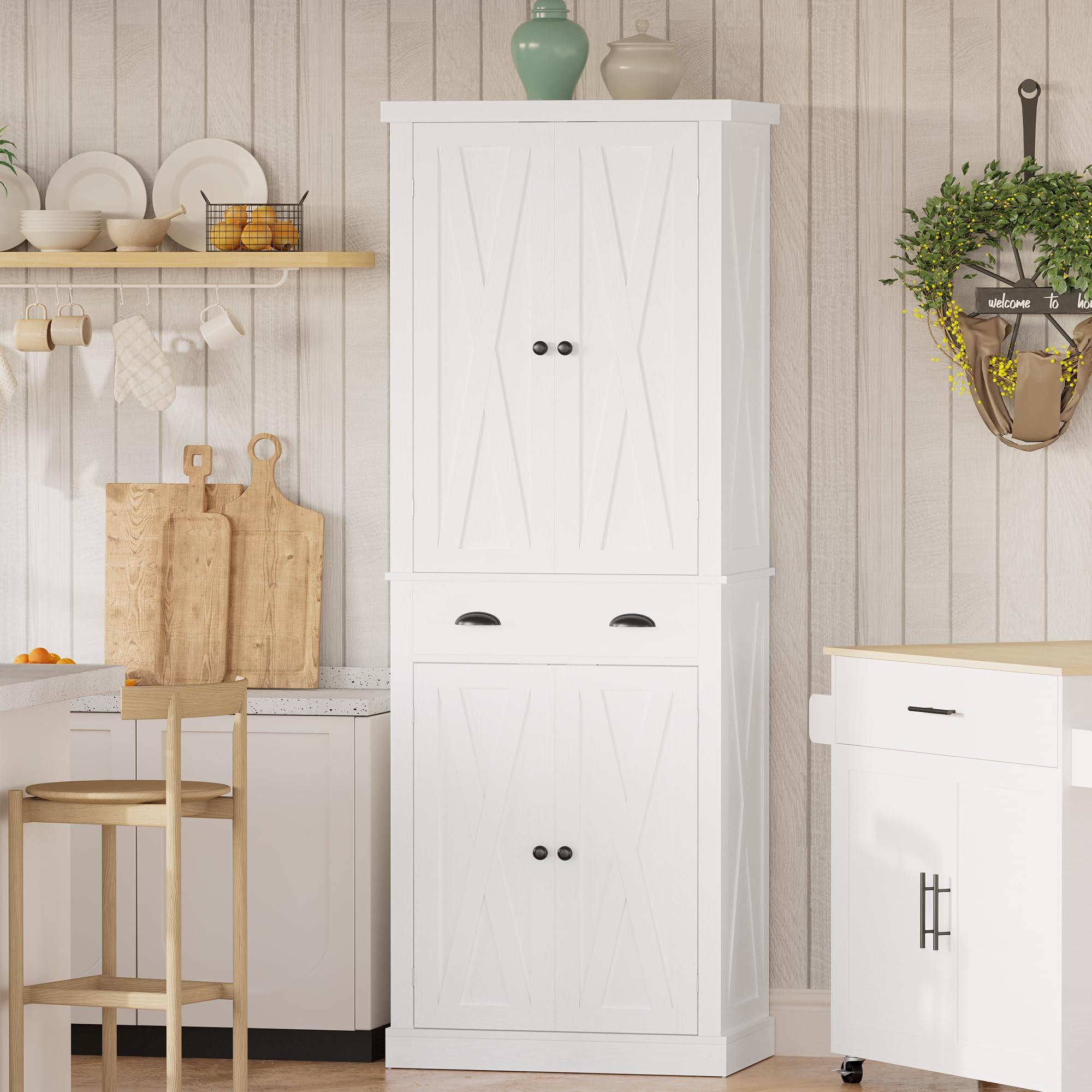 Kitchen Pantry Storage Cabinet 72.6" H x 24" W, with Barn Doors, Drawer, 4 Adjustable