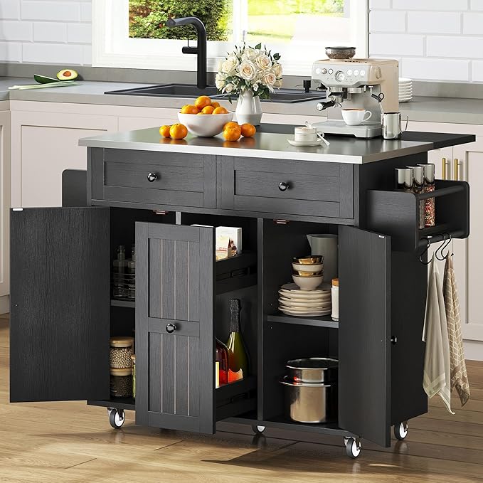 Kitchen Island on Wheels, Mobile Kitchen Island Cart with Folding Drop Leaf Breakfast Bar