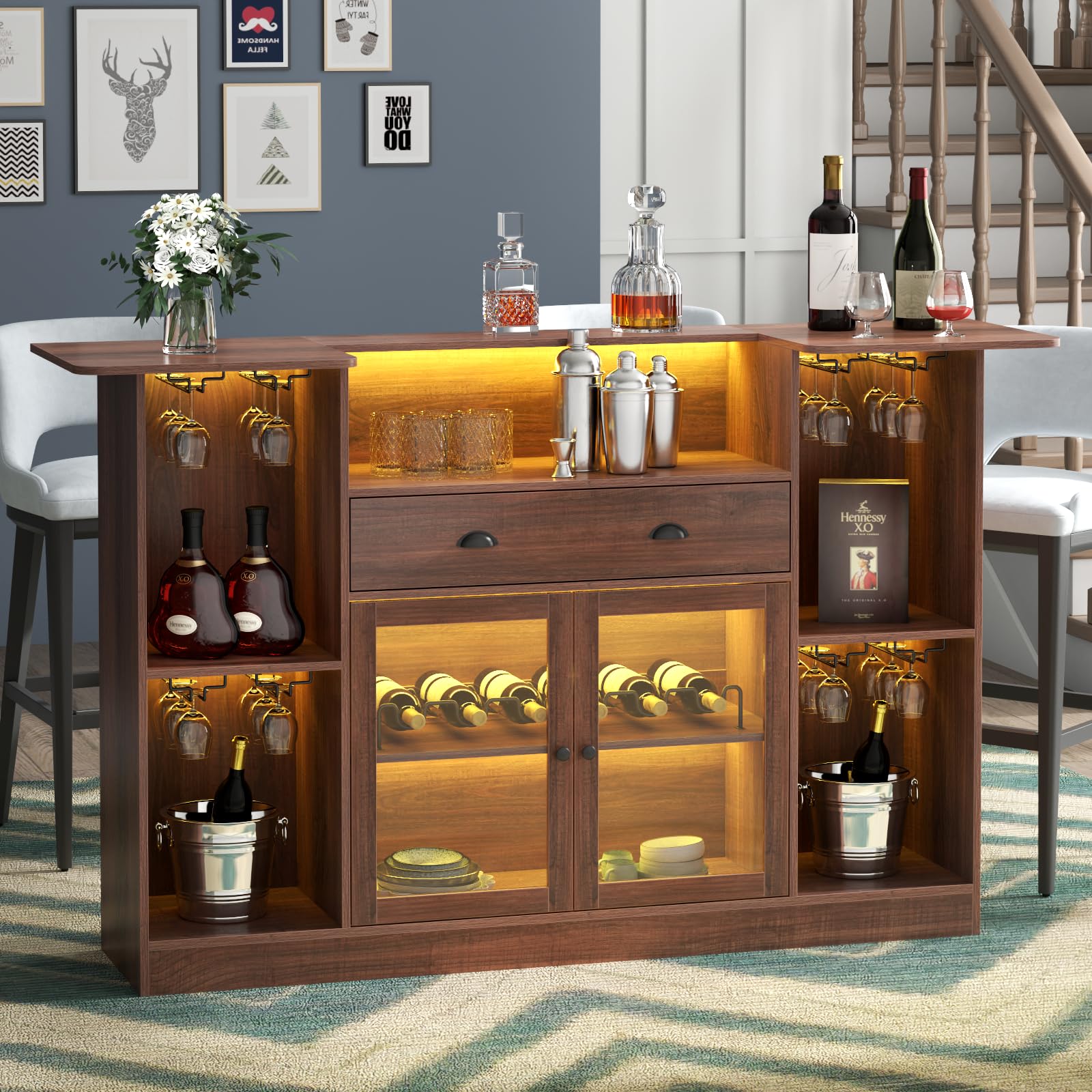 Loomie Bar Table Cabinet with LED & Drawer,Mini Liquor Bar with 8-Tier Storage&Stemware Holder,Wine Alcohol Bar Stand with Glass Door & Adjustable Wine Rack,Crescent Shaped Counter for Home Pub,Walnut
