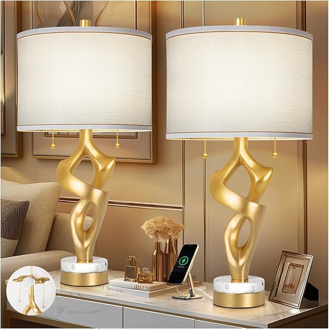 Lamp Set of 2 with USB Ports For Living Room, Gold Leaf Finish Farmhouse