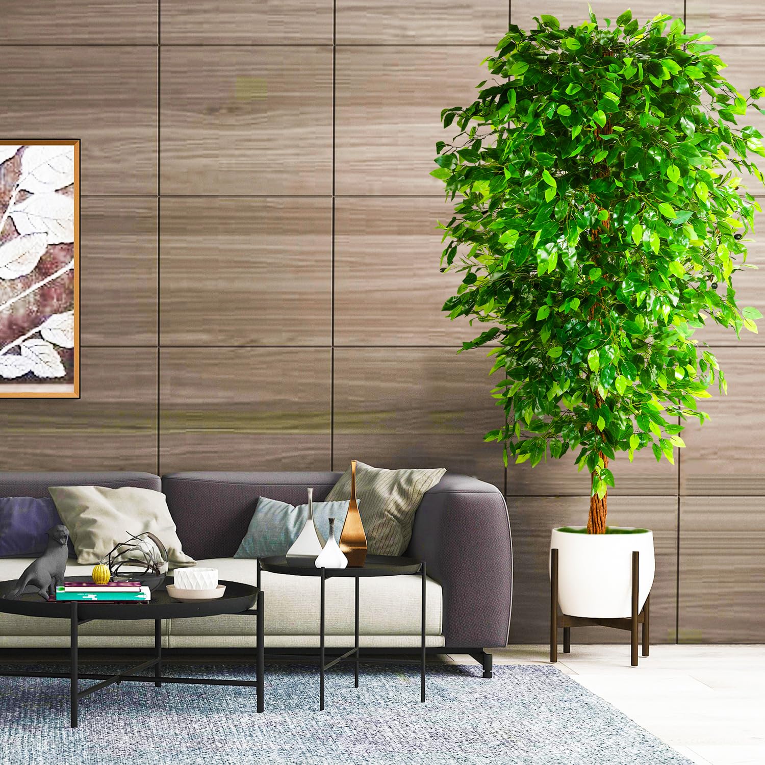 7ft Artificial Ficus Silk Tree (82in) with Plastic Nursery Pot Faux Tree, Fake Plant
