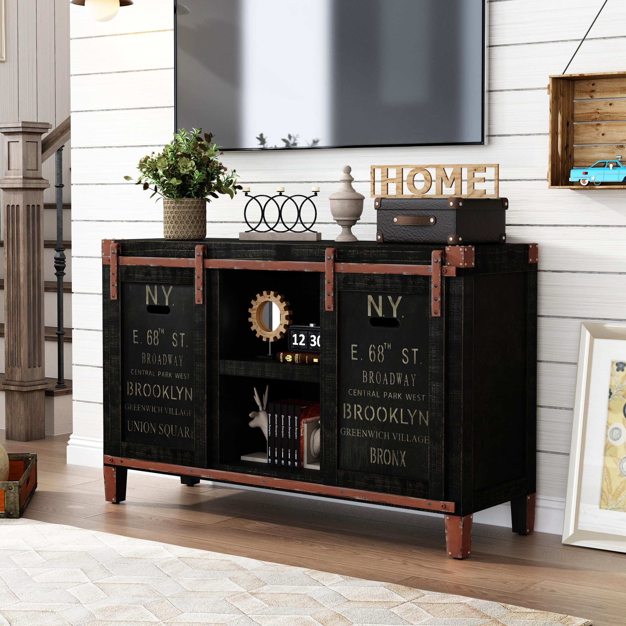 Farmhouse Sideboard Buffet Cabinet,47“ Accent Cabinet with Sliding Barn 2 Doors