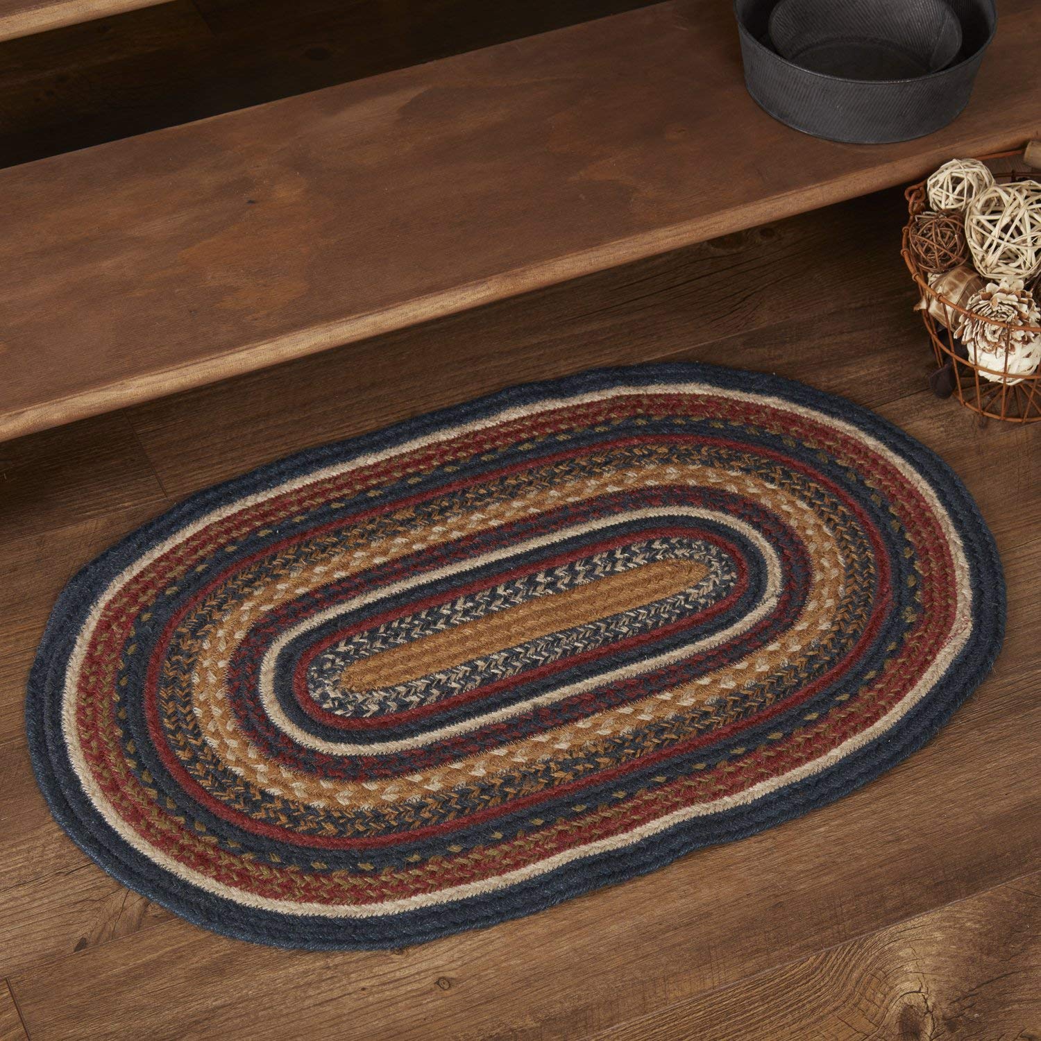 Stratton Primitive Jute Blue Striped Accent Rug Decor Oval w/ Floor Pad 20"x30"