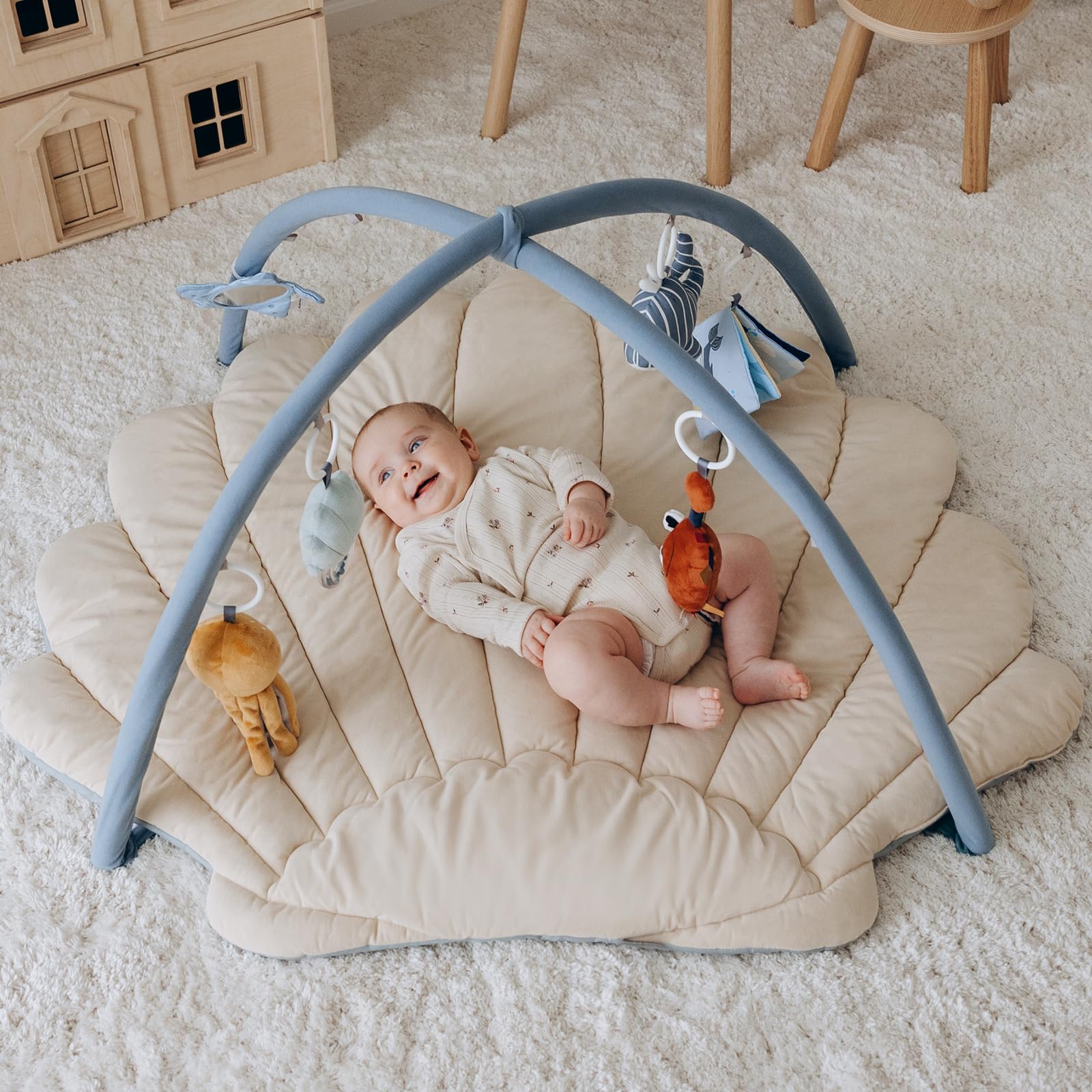 Shell Baby Play Gym Mat, Softer & Enlarged Tummy Time Mat w 6 Detachable Toys