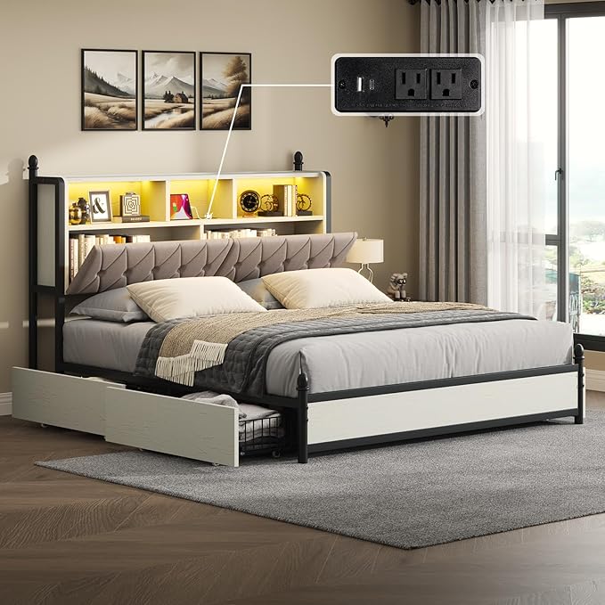 Queen Bed Frame with 3-Tier Storage Headboard