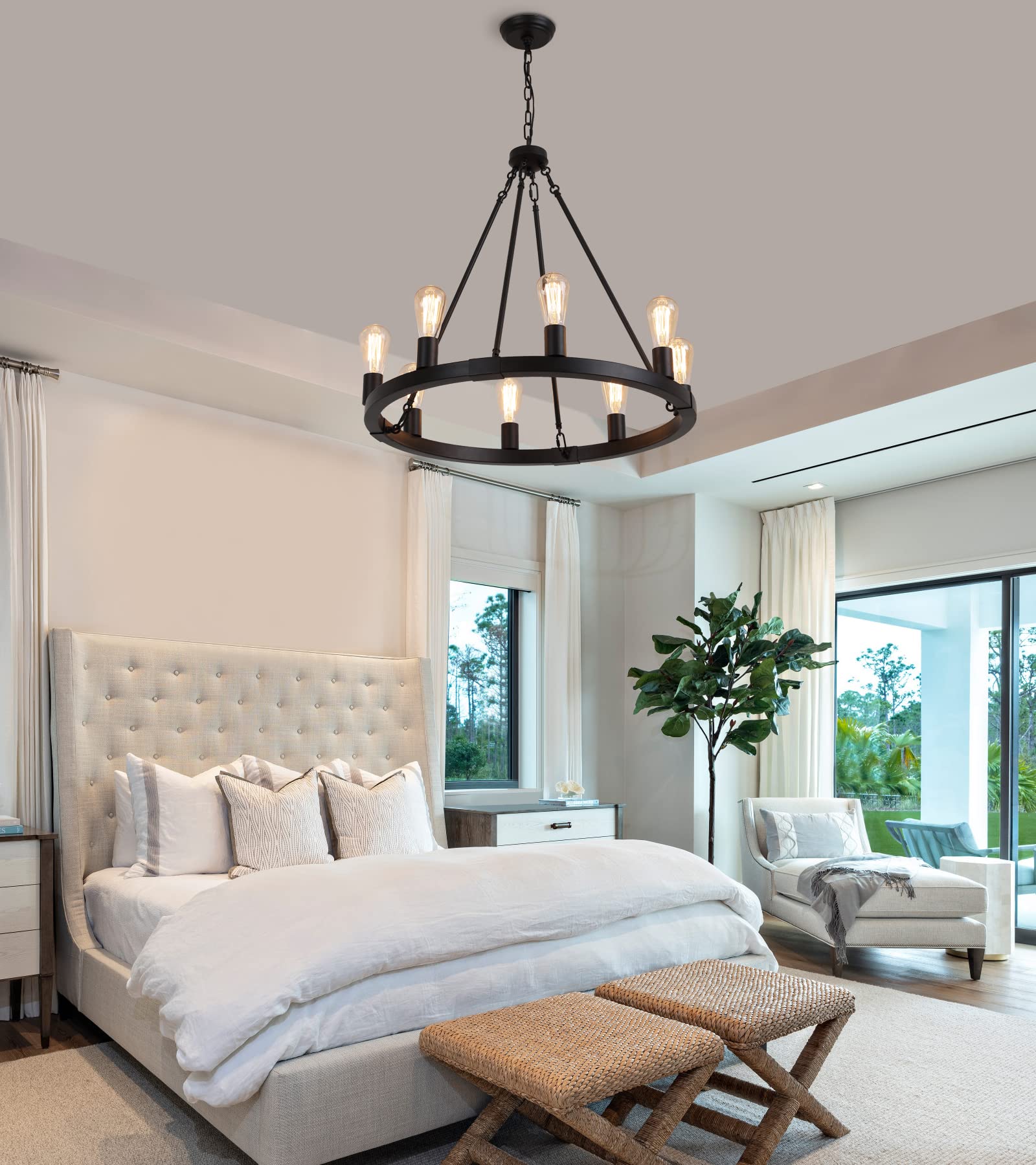 Farmhouse 8-Lights Black Industrial Wagon Wheel Chandelier Light Fixture for Foyer