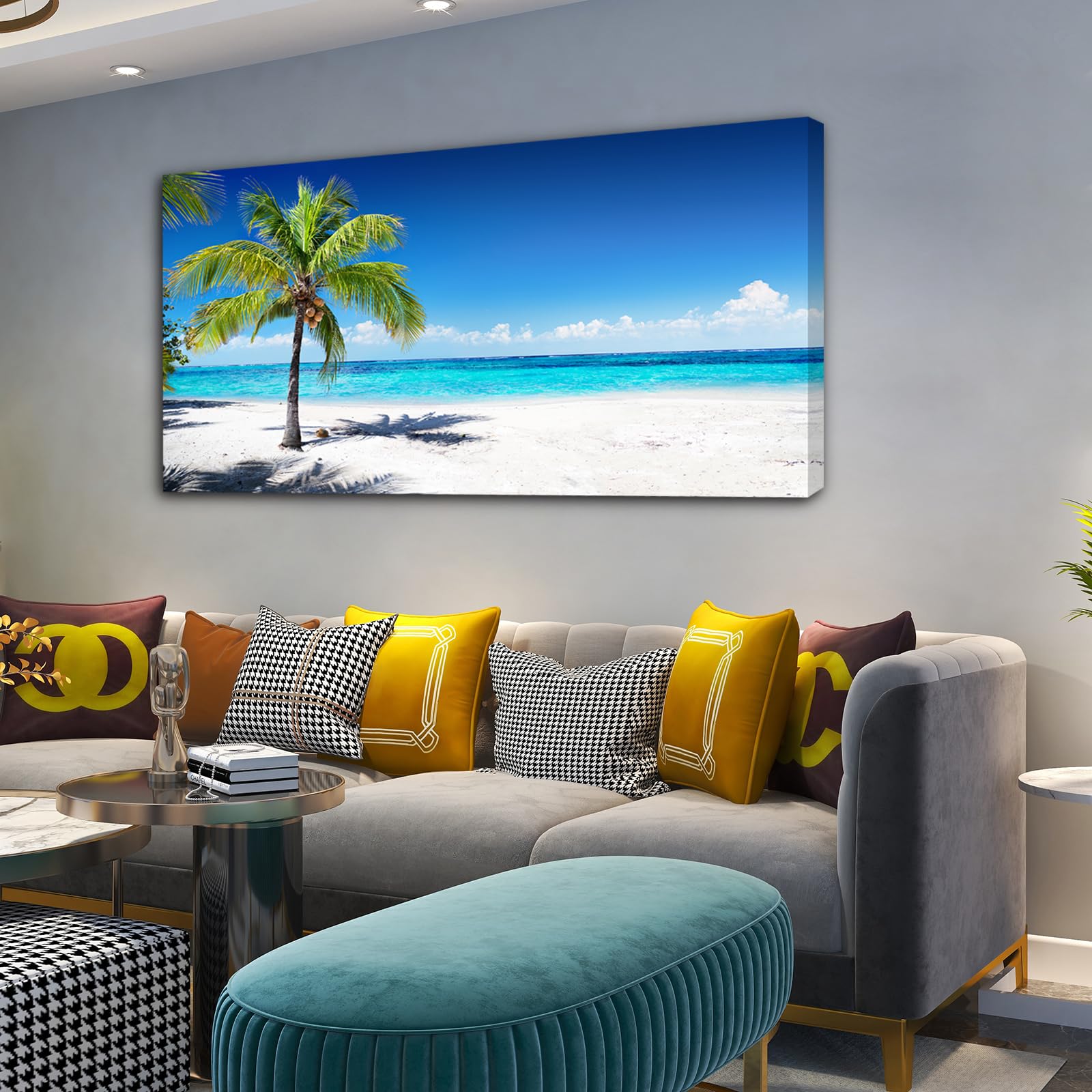 Large Canvas Wall Art Summer Ocean Waves Coconut Trees on Sands Beach