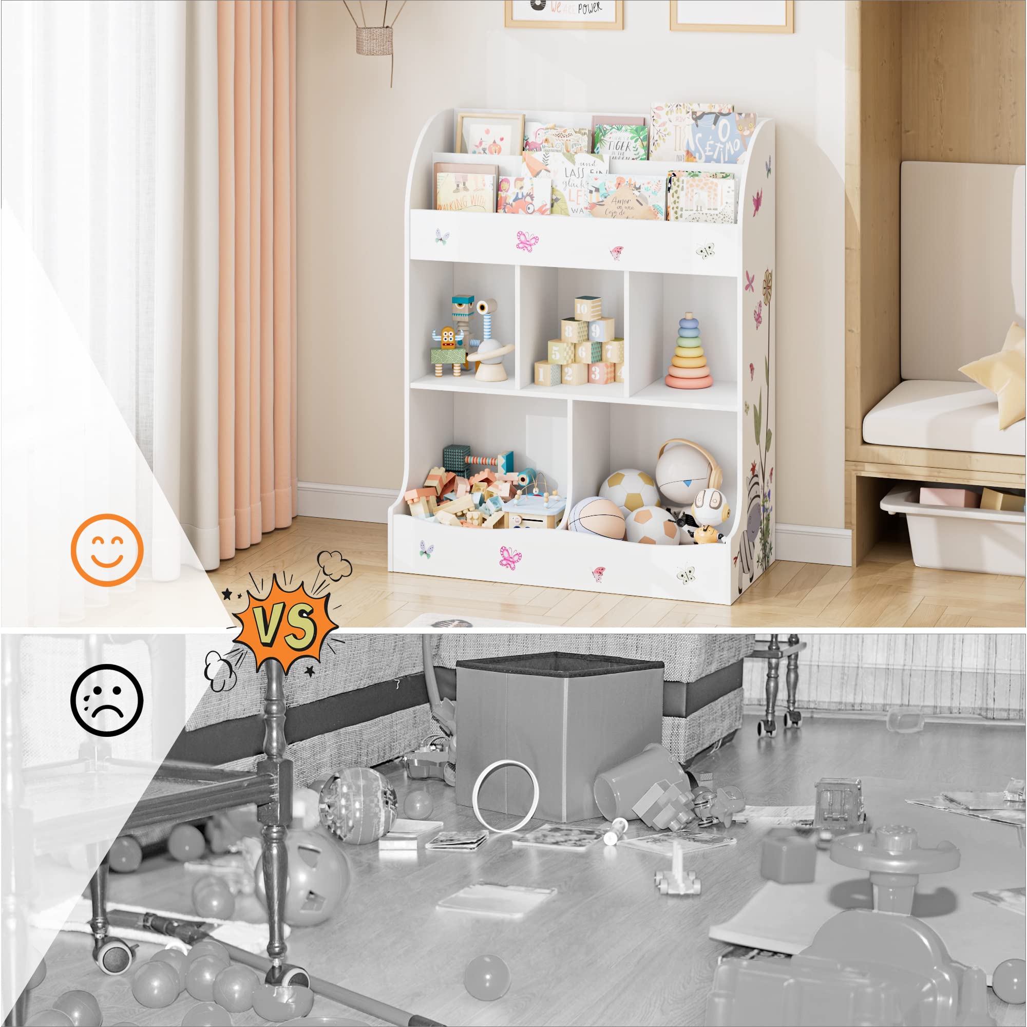 Kids Bookshelf and Toy Storage, 3 Tier Sling Montessori Bookcase with Toy Organizer