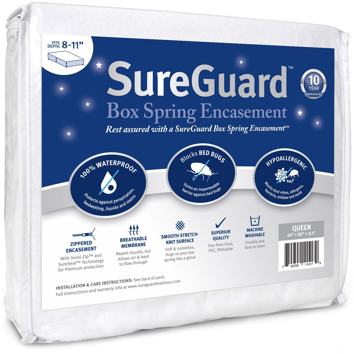 Queen Size SureGuard Box Spring Encasement - 100% Waterproof, Bed Bug Proof