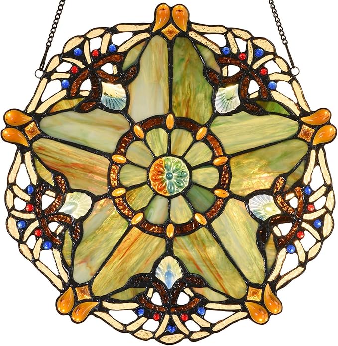 W10074 Baroque Tiffany Style Stained Glass Window Hanging Panel 12 inches