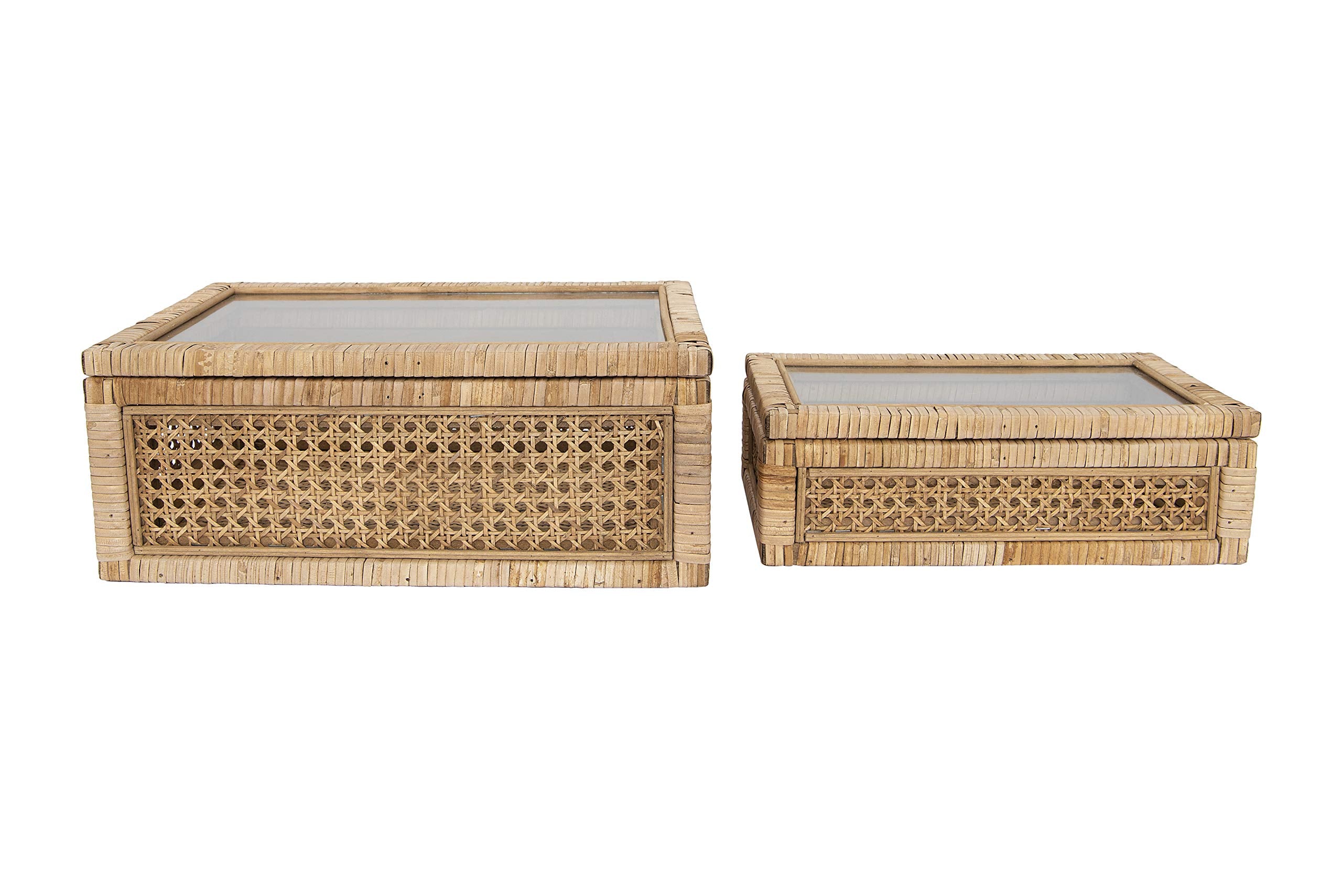 Modern Decorative Rectangle Woven Rattan and Wood Display Boxes