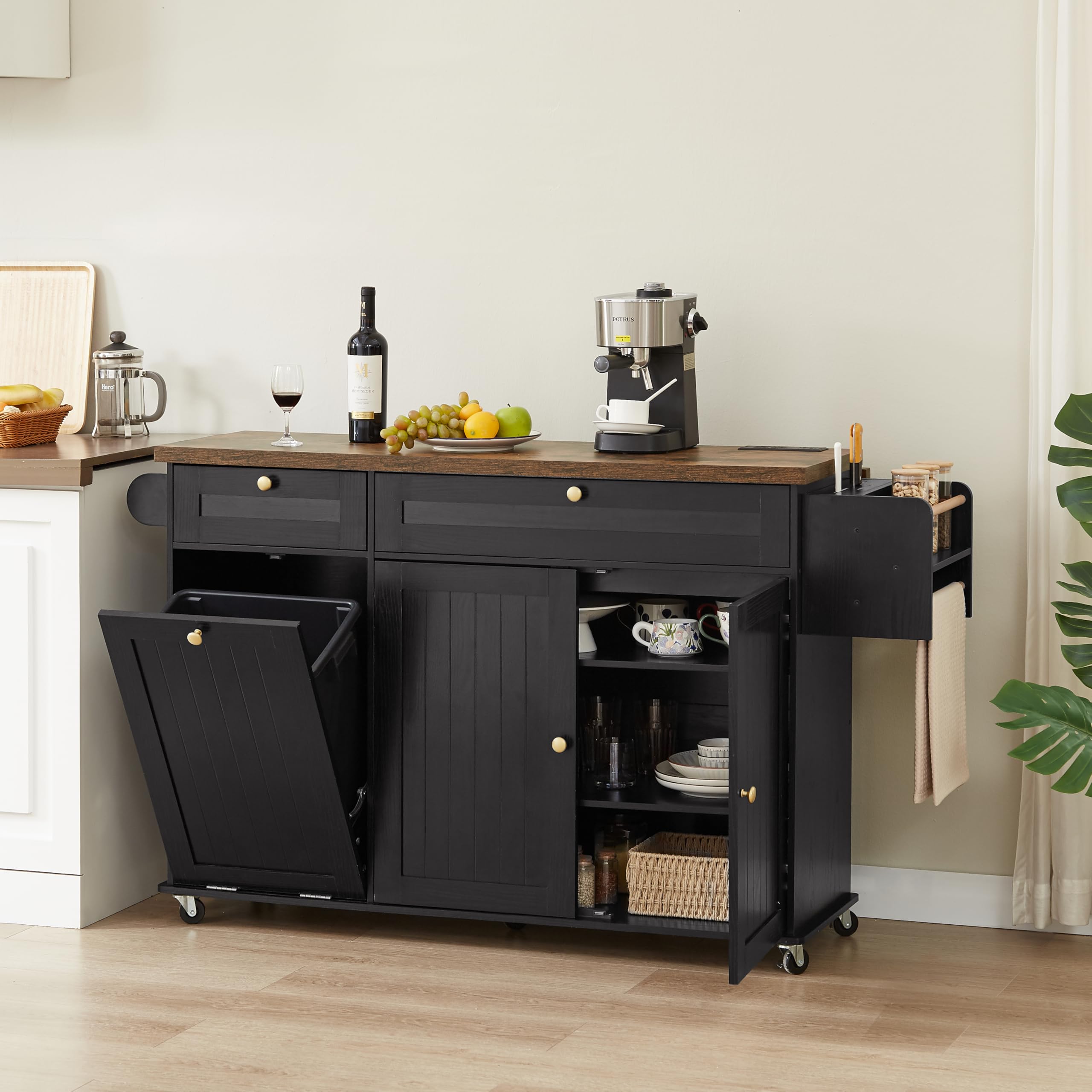 60" Kitchen Island with Power Outlet & Drop Leaf