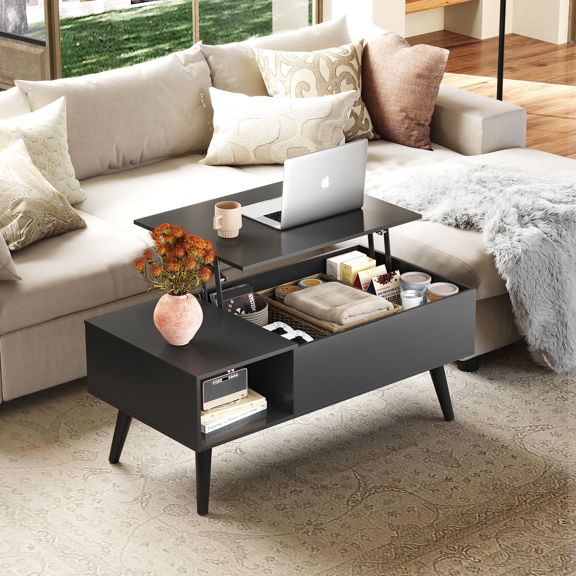 Coffee Table for Living Room, Lift Top Coffee Table with Storage, Small Rising Wooden
