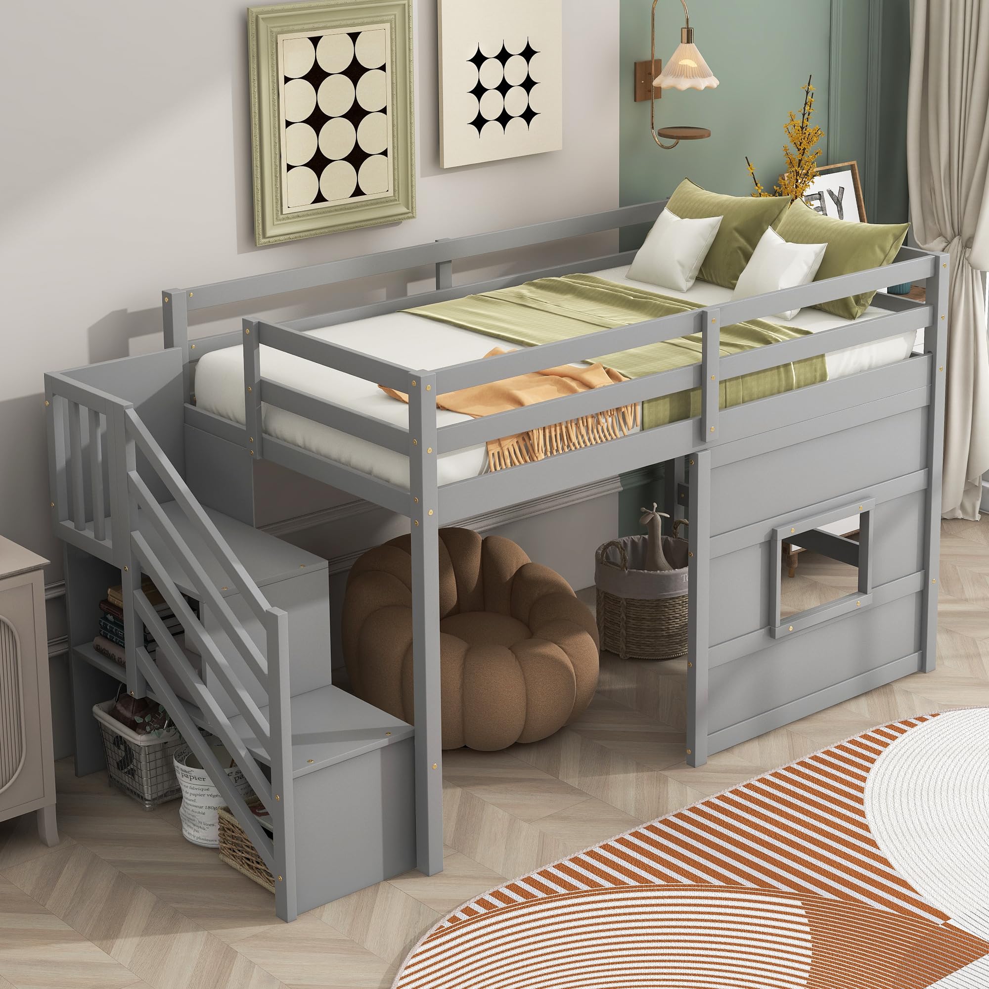 Low Loft Bed with Stairs, Twin Size Storage Loft Bed Frame with Staircase and Window