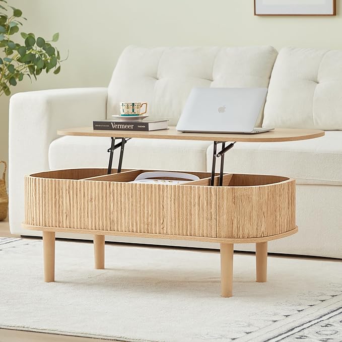 Fluted Lift Top Coffee Table with Hidden Compartment, Fully Assembled Wooden Center