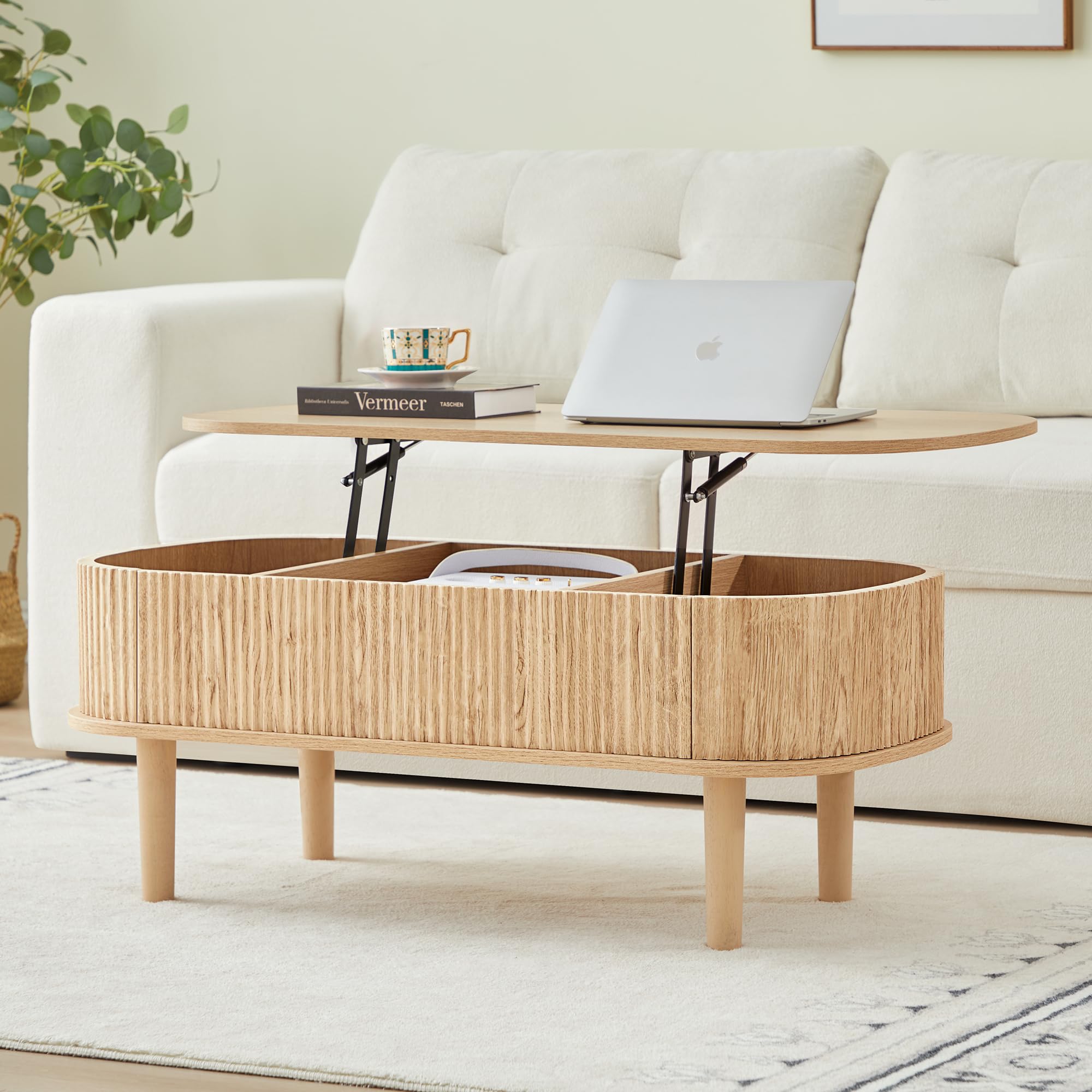Fluted Lift Top Coffee Table with Hidden Compartment, Fully Assembled Wooden Center