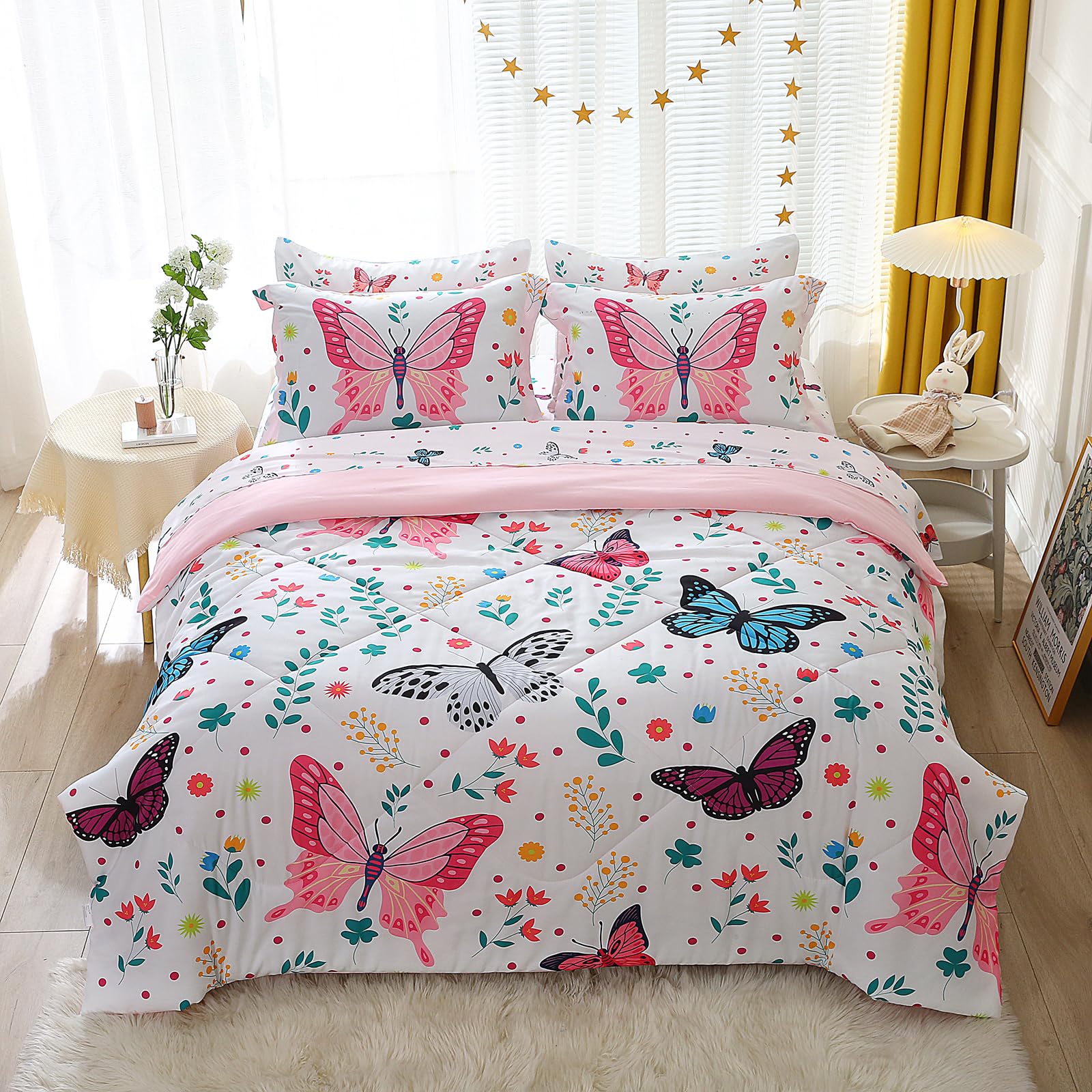Butterfly Comforter Set Full Size 3 Piece Bed in A Bag Colorful Flowers Leaves Bedding
