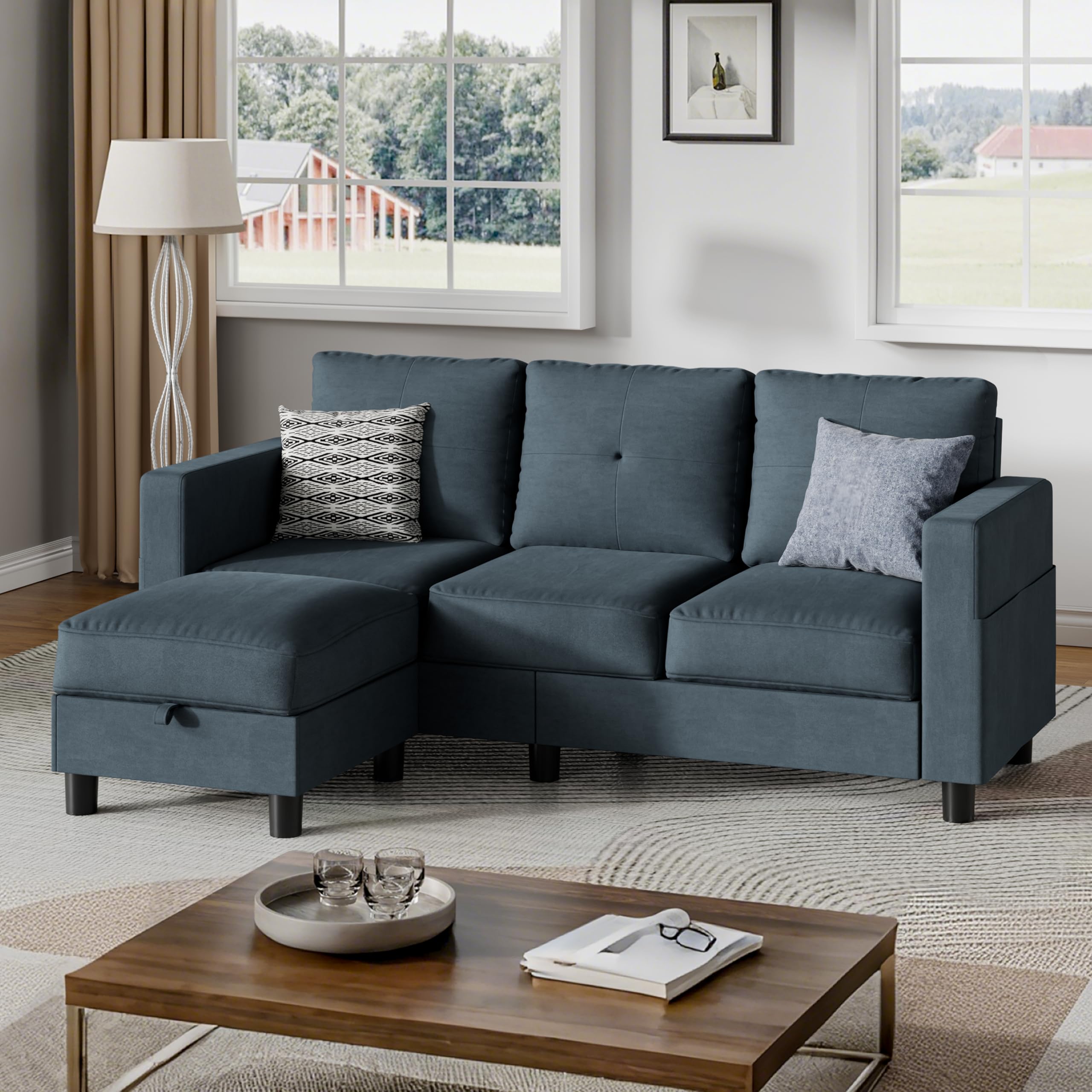 Small Sectional Couch with Ottoman, 3 Seat L Shaped Sofa