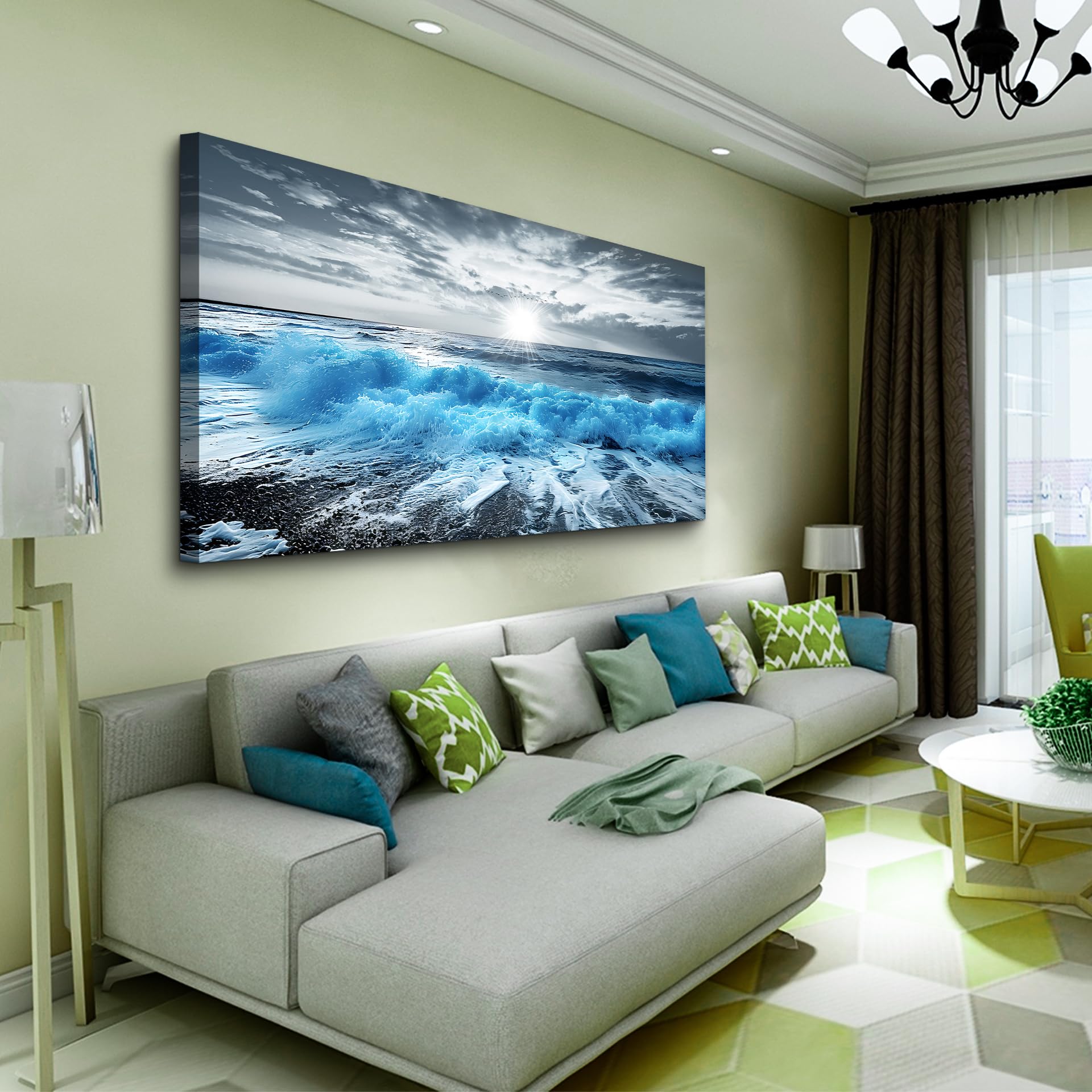 Framed Wall Art For Living Room Large Canvas Wall Decor For Office Blue Beach Painting