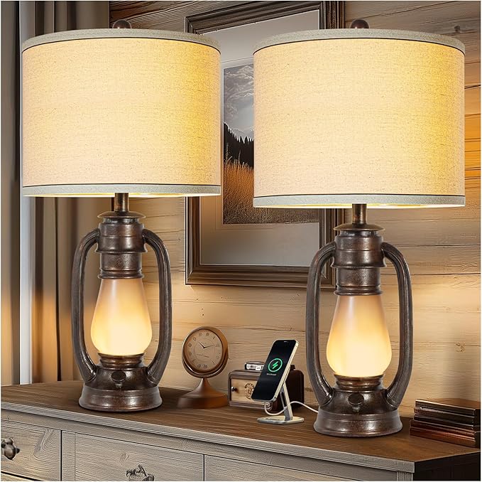 Lamps Set of 2 for Bedroom, Rustic Bedside Lamps with Nightlight, Farmhouse